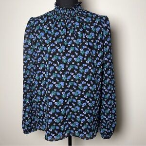 J. Crew Black and Blue Floral Long Sleeve Blouse Size Small Womens